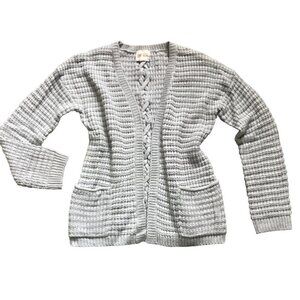 PINK ROSE S Gray Open Weave Pocket Cardigan Sweater Braid Accent 173H